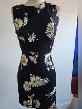 Desigual Black Mini Dress with White Daisy Print and Yellow Centers
